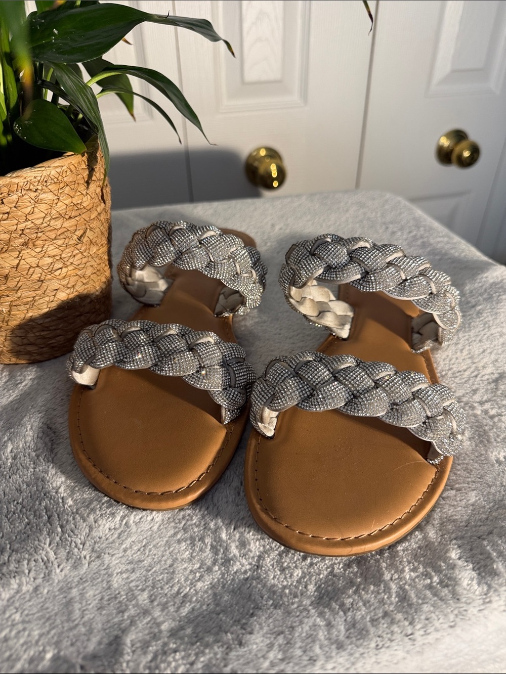 a new day Silver Braided Strap Tan Footbed Slide Sandals